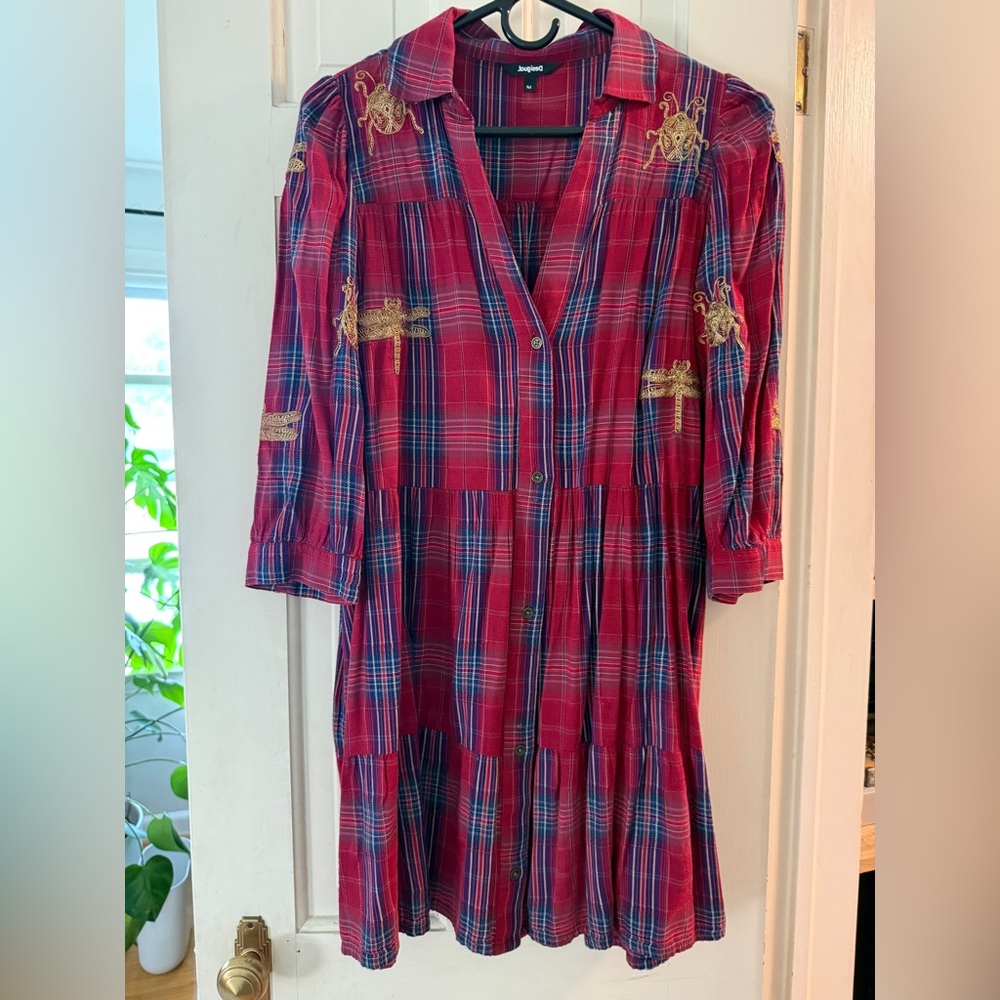 Desigual Plaid Red Dress with Embroidered Accents Size M - Picture 2 of 5